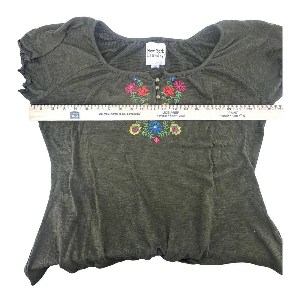 Womens Embroidered Floral Tie Front Top Green Boho Size L Festival Henley Style - Picture 5 of 11